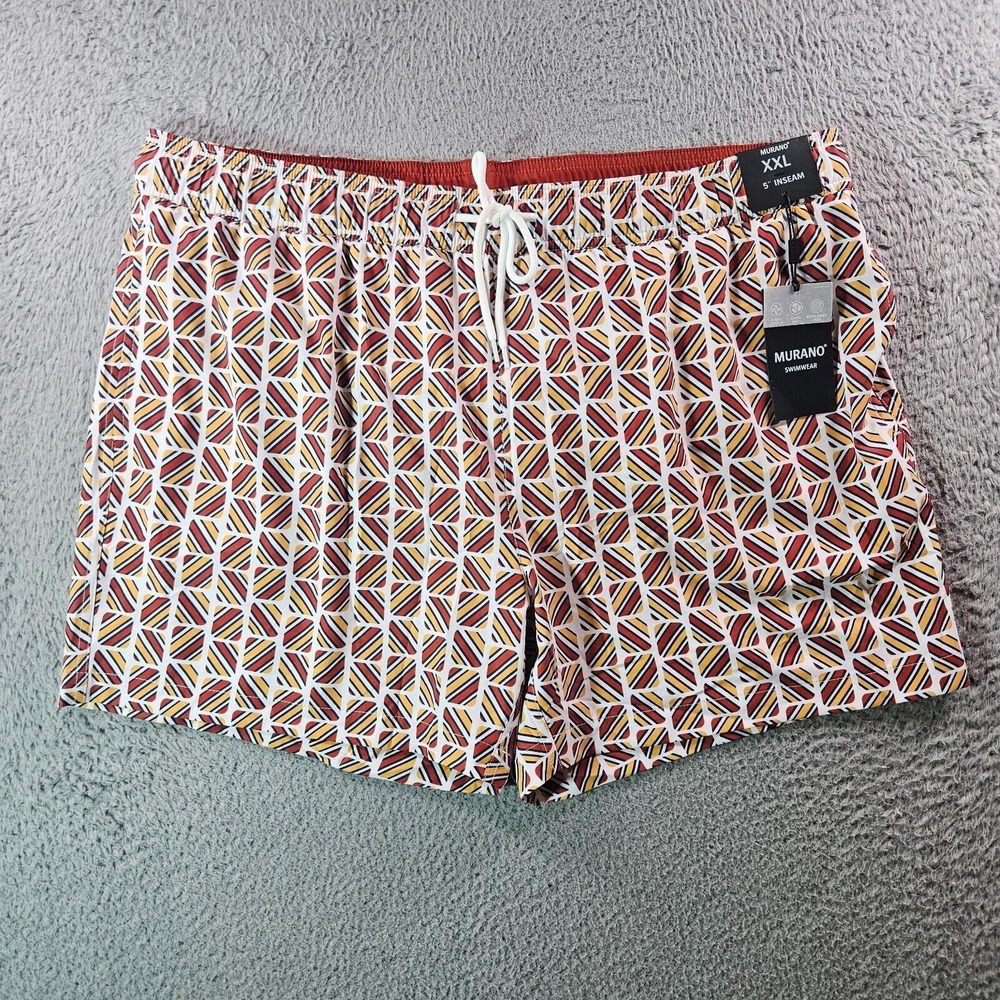 NWT Murano Swim Shorts Trunks Men XXL 5" Inseam Lined Geometric‎ White Orange